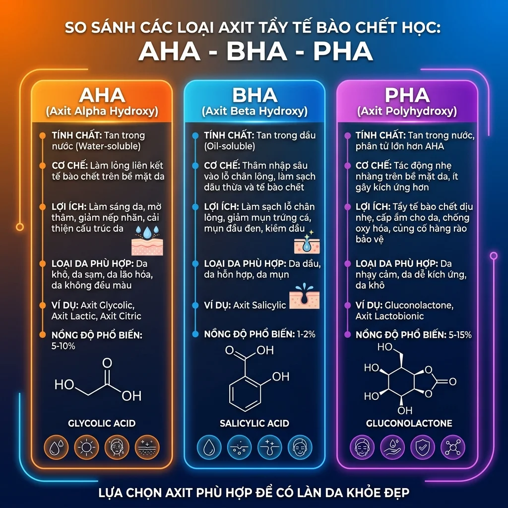 AHA BHA PHA khác nhau gì? Phân tích 3 loại acid tẩy da chết, cơ chế, nồng độ an toàn và cách phối hợp trong công thức mỹ phẩm 2026.