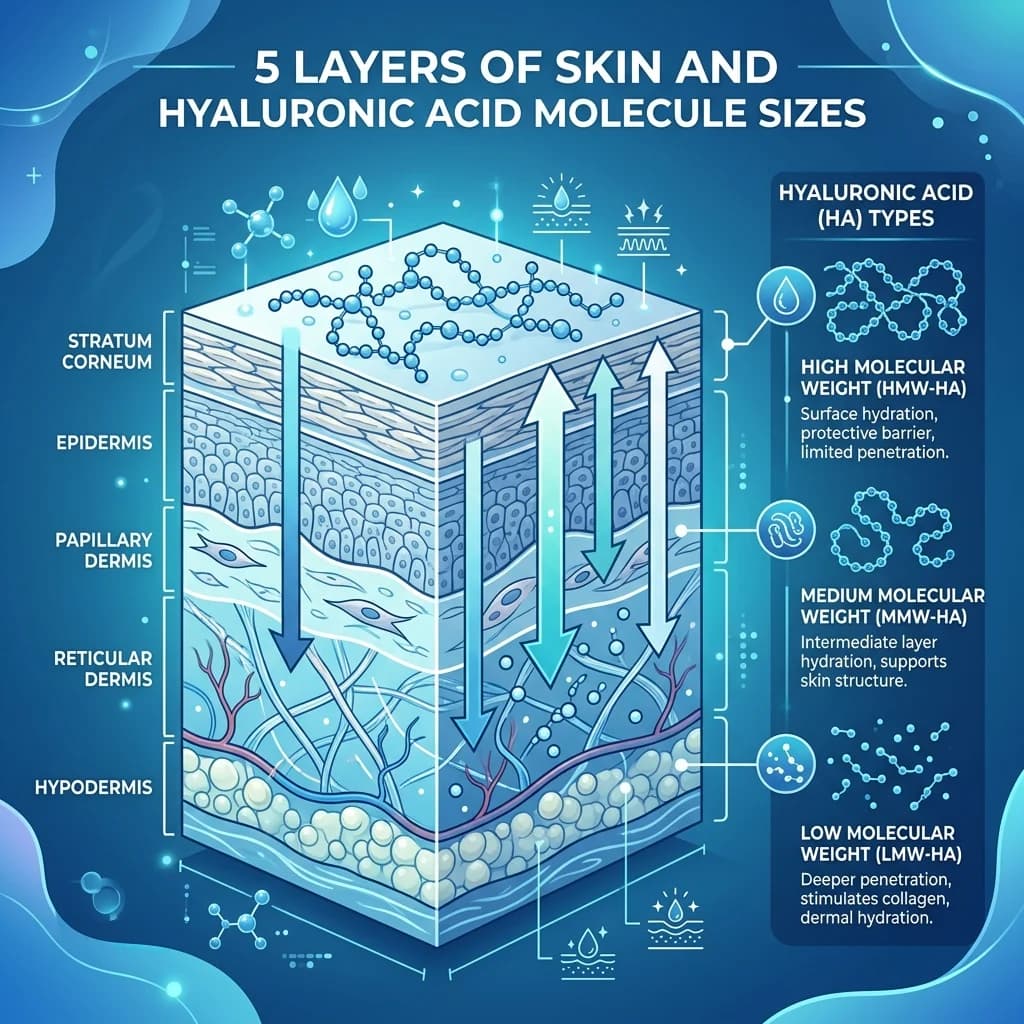 Hyaluronic Acid trong skincare: 5 kích thước phân tử khác nhau thẩm thấu vào các tầng da khác nhau. Cách chọn serum HA tối ưu cho brand mỹ phẩm 2026.