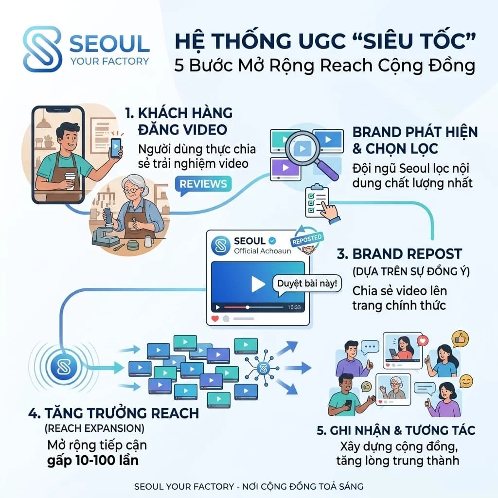 Xây dựng UGC engine từ Seoul Cosmetic: 5 bước từ incentivization đến repurposing content. Case study thực tế 156 video UGC, reach 8.2 triệu, tăng trust score 35% từ 12+ brand skincare Việt.