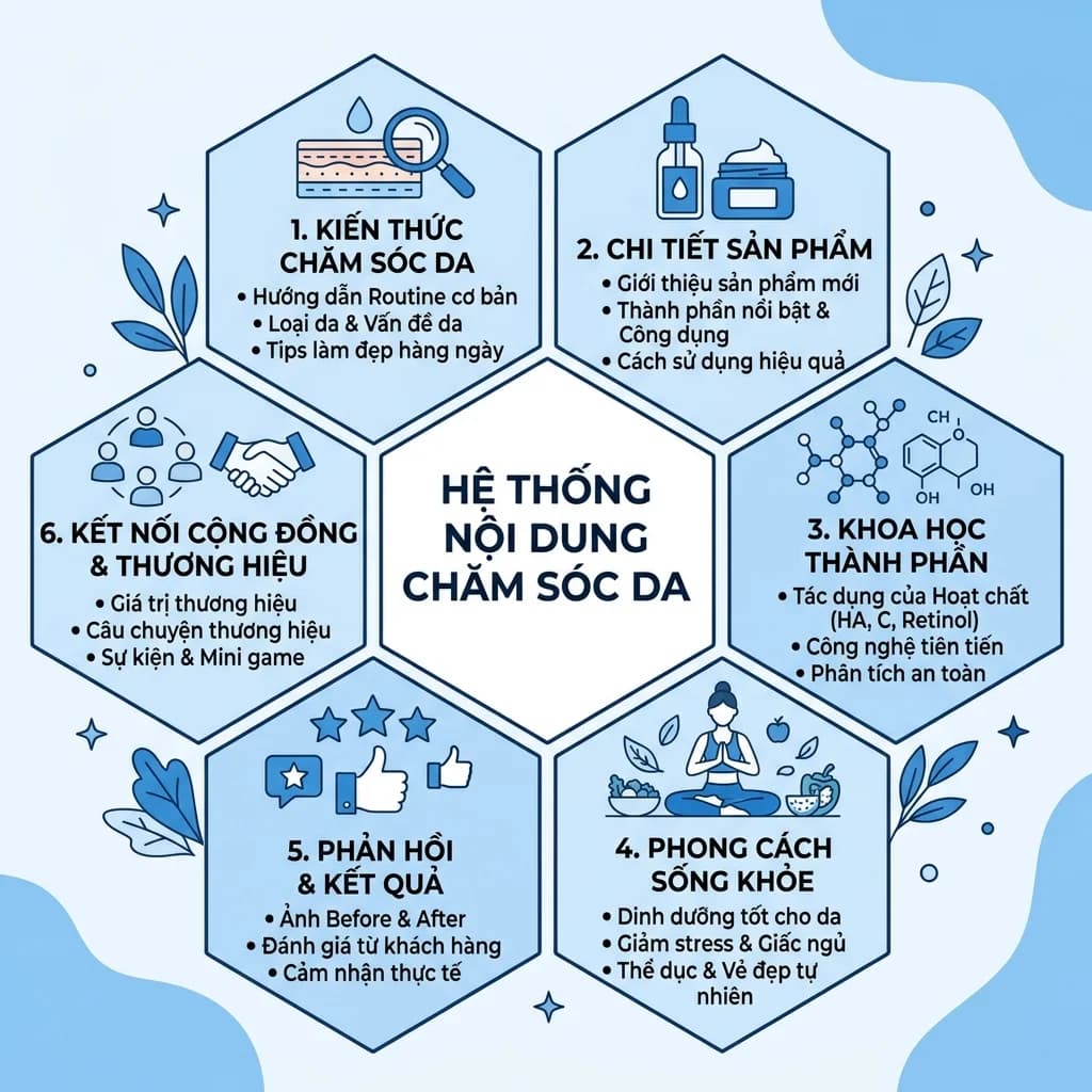 Hướng dẫn xây dựng content pillar cho brand skincare: 6 chủ đề content marketing luôn hiệu quả tăng trust, traffic và sales 2026.