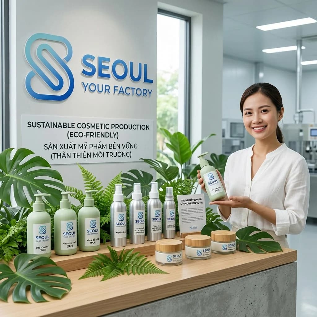 Xu hướng green packaging 2026 cho mỹ phẩm: PCR, refillable, aluminum. Phân tích lợi ích, chi phí và cách Seoul Cosmetic hỗ trợ brand chọn bao bì bền vững.