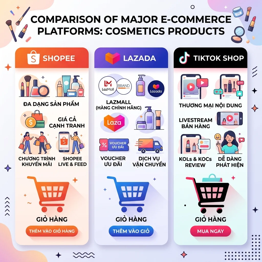 So sánh chi phí bán mỹ phẩm trên Shopee vs Lazada vs TikTok Shop 2026: phí hoa hồng, quảng cáo, logistics. Brand mỹ phẩm nên bán trên sàn nào?