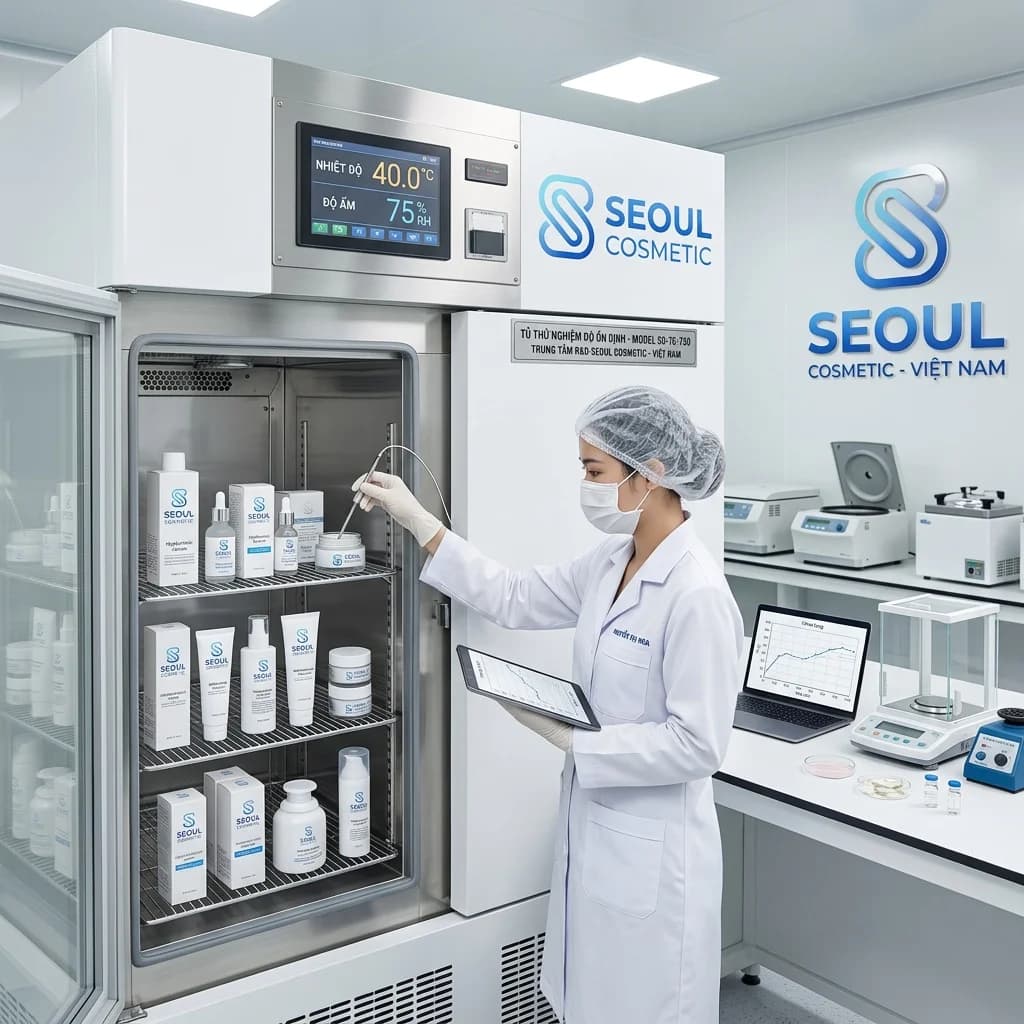 Stability testing là gì? Khám phá quy trình test độ ổn định sản phẩm mỹ phẩm: điều kiện nhiệt độ, độ ẩm, ánh sáng theo tiêu chuẩn ASEAN. Phương pháp thực nghiệm từ nhà máy Seoul Cosmetic.