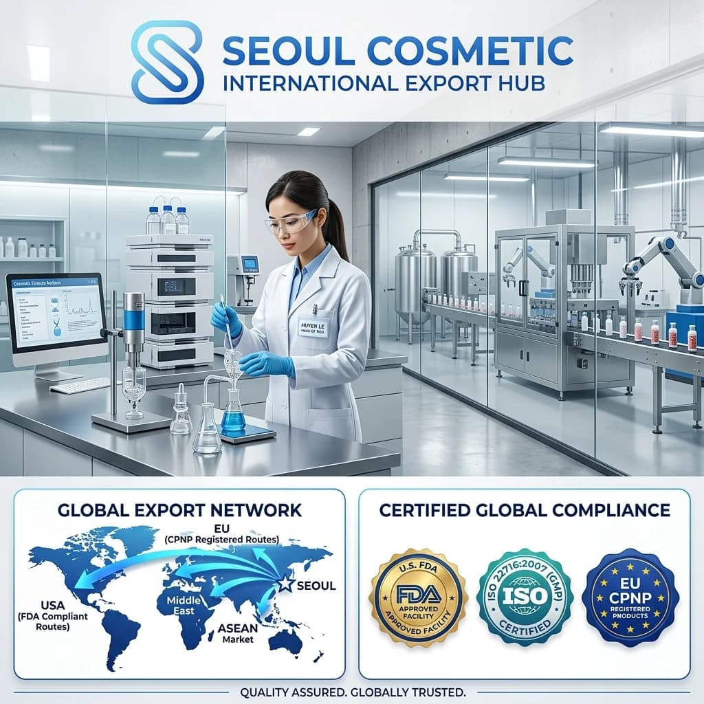 Tiêu chuẩn quốc tế FDA, ISO 22716, EU CPNP cho mỹ phẩm xuất khẩu. Phân tích chi tiết từng thị trường: Mỹ, EU, ASEAN, Nhật Bản. Chi phí, timeline và support từ Seoul Cosmetic.
