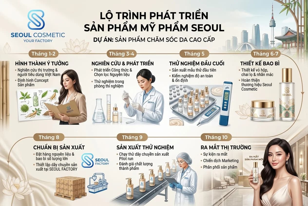 Launch 1 sản phẩm skincare mất bao lâu? Bài viết phân tích timeline 6 tháng thực tế: tháng 1-2 (R&D và công thức), tháng 3-4 (test và hoàn thiện), tháng 5 (sản xuất), tháng 6 (marketing và launch). Những milestone quan trọng và cách đẩy nhanh quy trình.