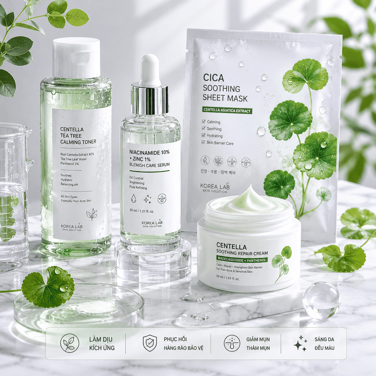 Combo sản phẩm giúp da phục hồi sau mụn với serum, toner, kem rau má và mặt nạ cấp ẩm. Gợi ý công thức, cách chọn combo và ưu thế khi làm cùng Seoul Cosmetic.