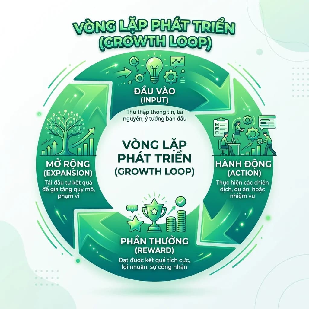 Hướng dẫn xây dựng growth loop cho brand mỹ phẩm. 3 loop templates đã test: Viral loop, Content loop, Retention loop. Cách đo lường và tối ưu từng vòng lặp để đạt compounding growth không phụ thuộc ads. viral loop, content loop, retention loop, tăng trưởng bền vững brand, compounding growth, organic growth