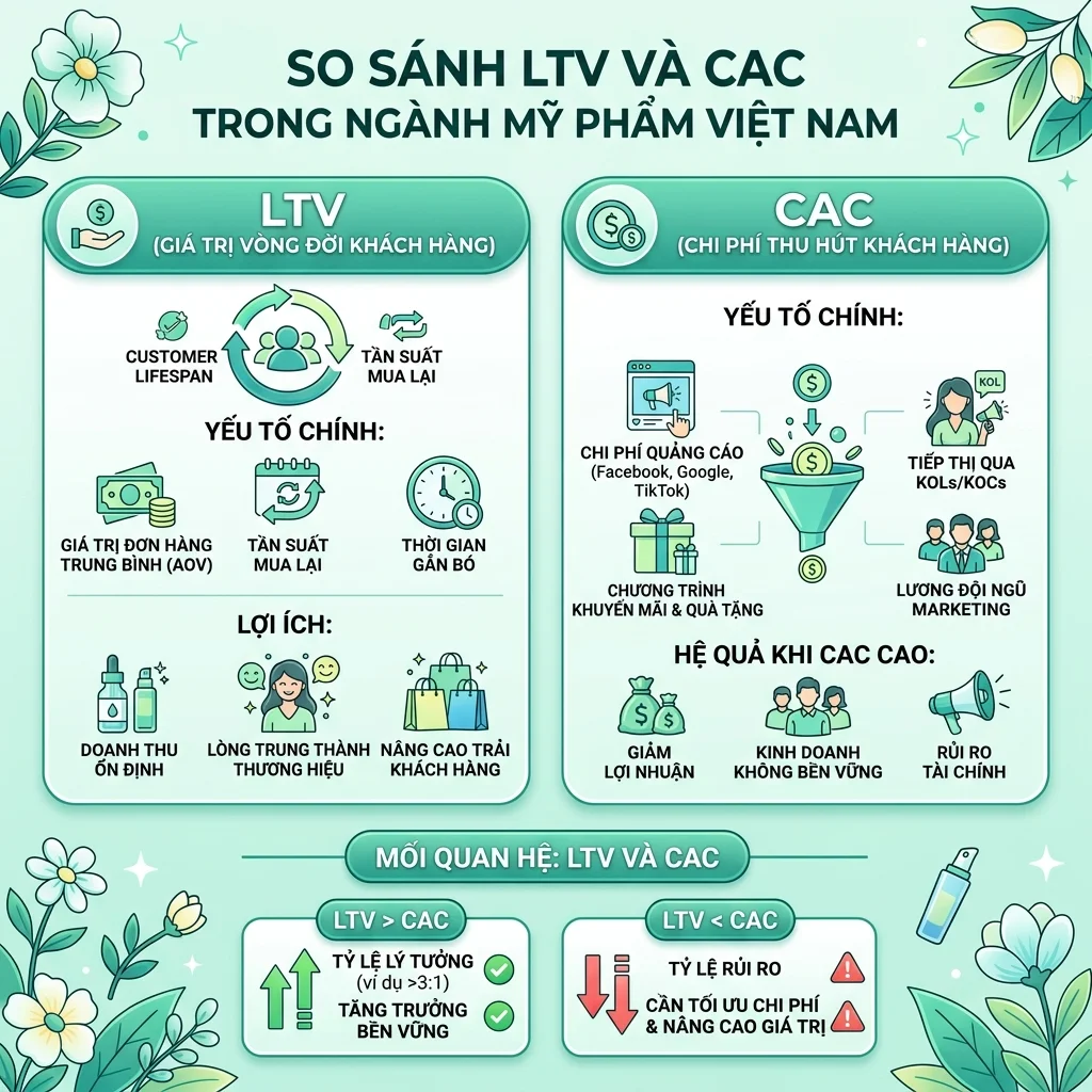 LTV/CAC ratio là chỉ số giúp brand mỹ phẩm phân biệt giữa chi phí hợp lý và chi phí nuôi khách cực đắt. Nếu bạn đang chạy Facebook Ads mà không biết chỉ số này, bạn đang đốt tiền trong bóng tối.
