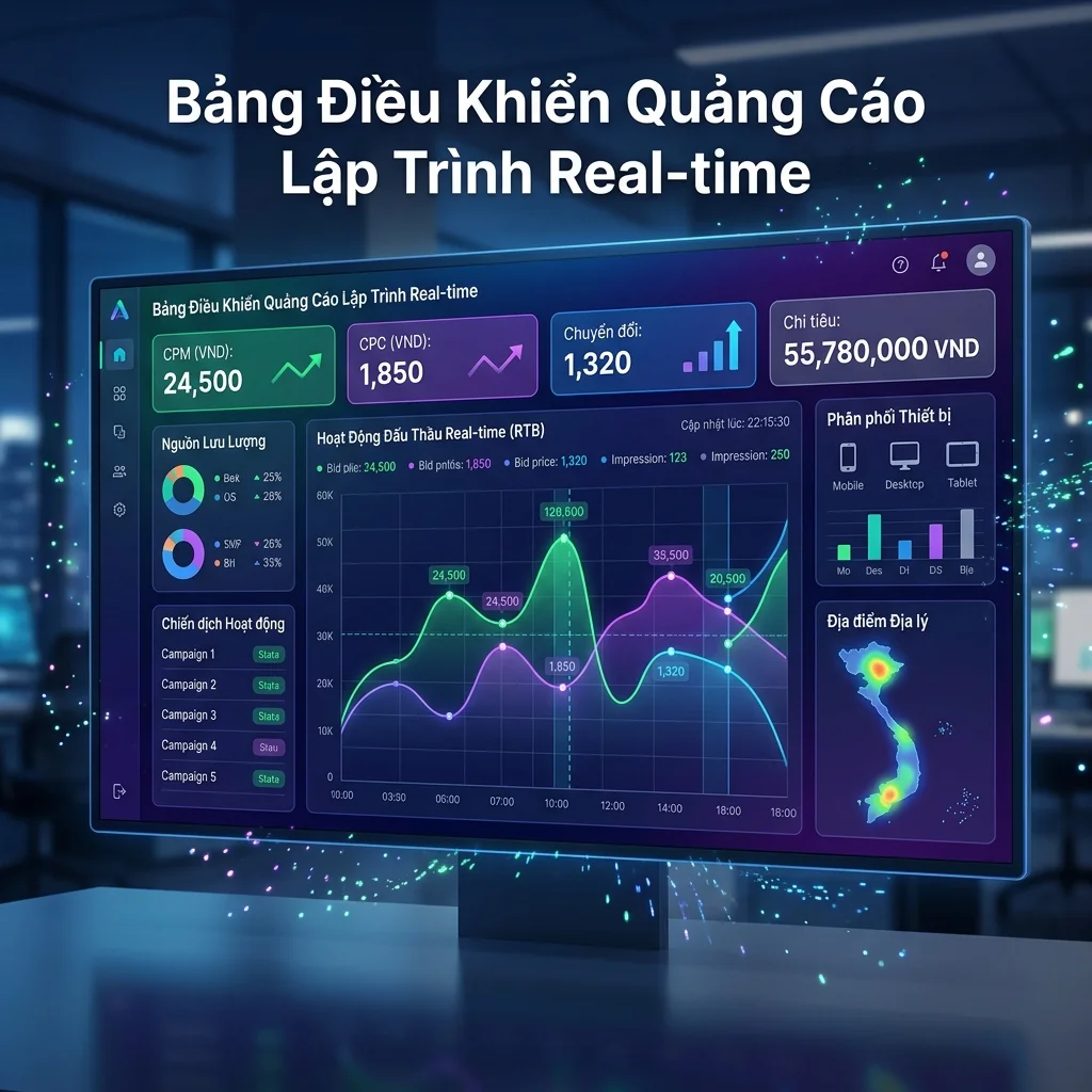 Hướng dẫn programmatic advertising cho brand mỹ phẩm Việt Nam. Cách thiết lập DSP, DMP, programmatic campaign từ A-Z. So sánh các nền tảng và cách tối ưu ngân sách marketing tự động. DSP advertising, automated ad buying, real-time bidding, ngân sách marketing tự động, programmatic campaign mỹ phẩm