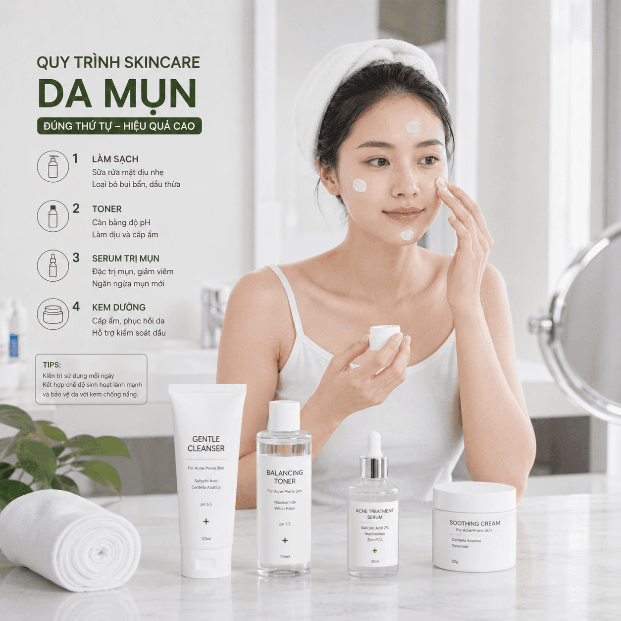 Hướng dẫn thứ tự dùng sản phẩm trị mụn tại nhà đúng chuẩn giúp giảm mụn và hạn chế vết thâm. Giải thích cụ thể từng bước cleanser, toner, serum, kem trị thâm.