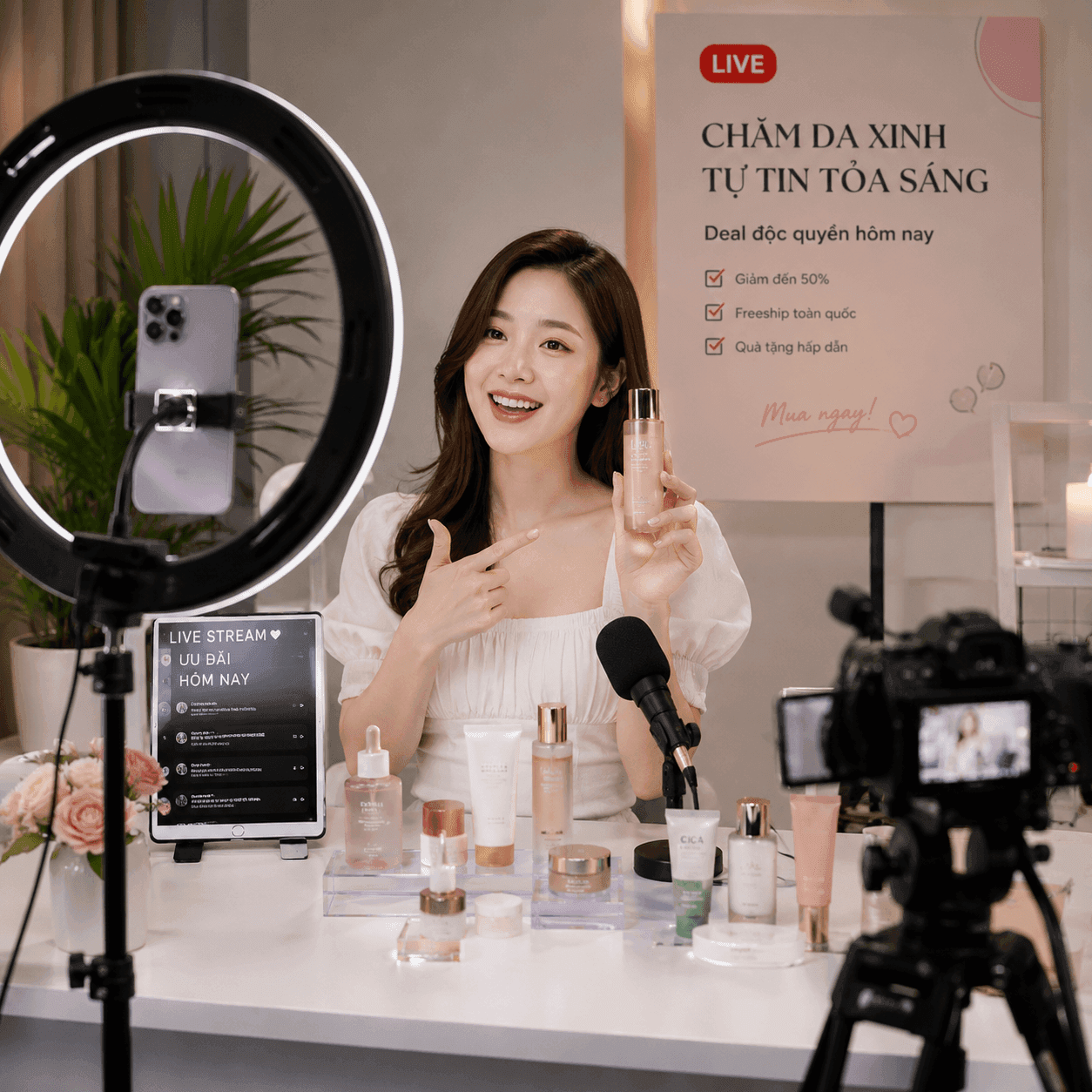 Hướng dẫn livestream bán mỹ phẩm 2026: Thiết bị, kịch bản, chi phí nhân sự chi tiết theo từng mô hình, giúp thương hiệu mỹ phẩm tối ưu chi phí và doanh thu.