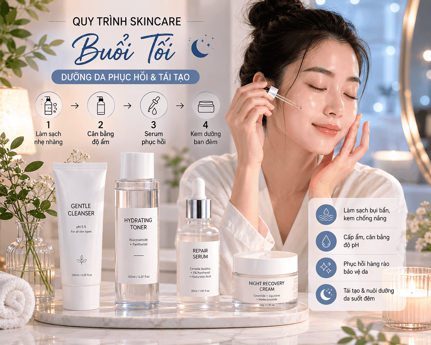 Quy trình skincare buổi tối: Cách phục hồi da sau một ngày mệt mỏi