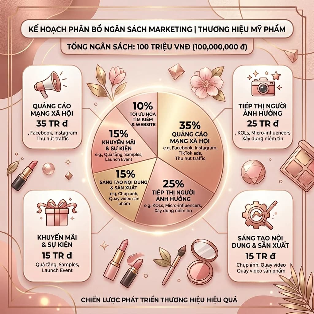 Chi phí marketing cho brand mỹ phẩm phân bổ thế nào? Guide chi tiết ngân sách 100 triệu cho startup: TikTok, KOL, Shopee, Google Ads 2026.
