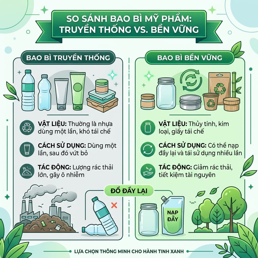 Bao bì mỹ phẩm bền vững 2026: vật liệu tái chế, refillable packaging, chi phí và cách brand skincare áp dụng packaging xanh mà không mất aesthetics.