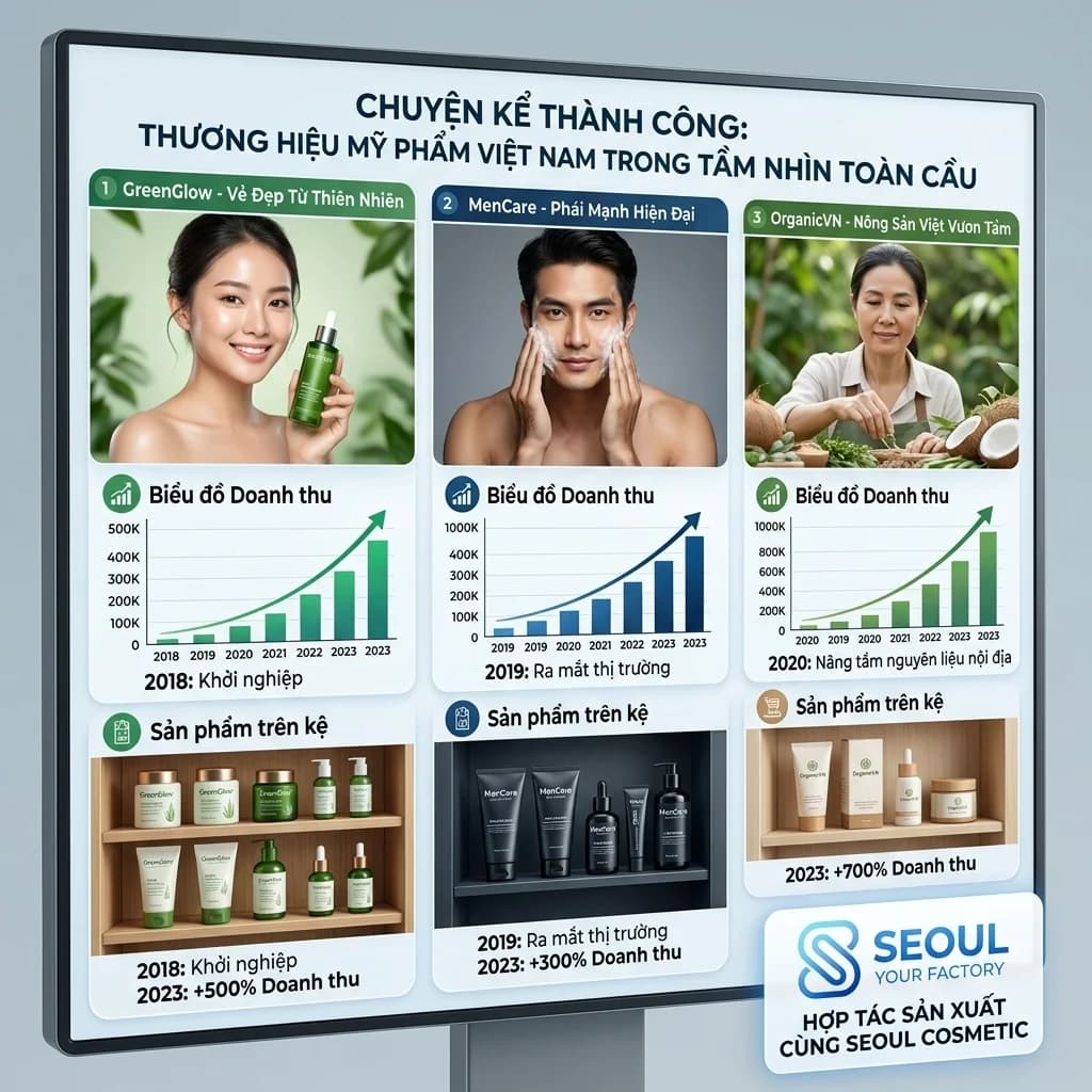 3 case study brand mỹ phẩm Việt Nam thành công: từ vốn khởi đầu 100 triệu đến doanh thu 3-10 tỷ/năm. Chiến lược sản phẩm, marketing, distribution và bài học thực tế.