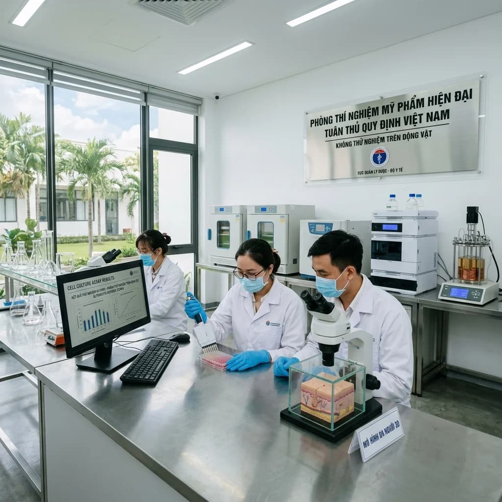 Thử nghiệm mỹ phẩm trên động vật - quy định pháp lý Việt Nam và quốc tế. Các phương pháp thử nghiệm thay thế (in vitro, in silico) và cách đạt chứng nhận cruelty-free.