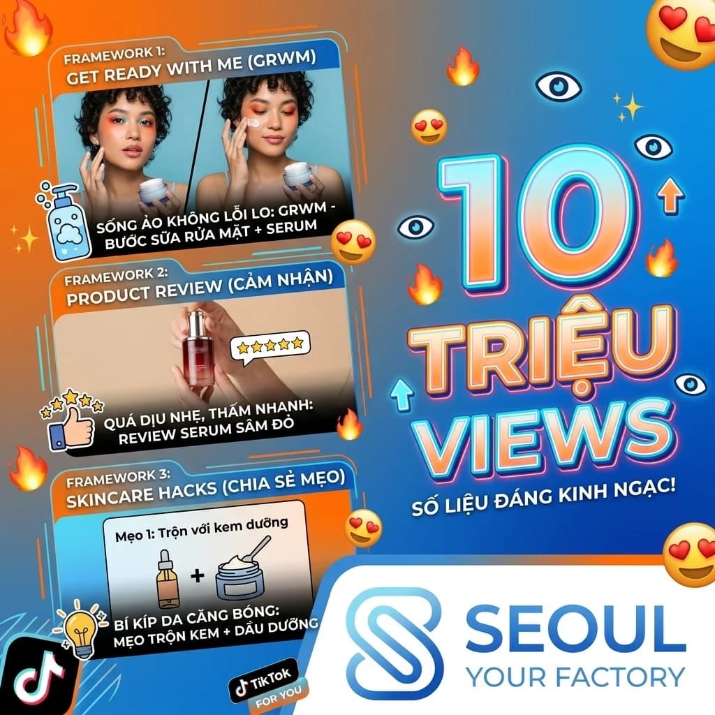 Framework viral TikTok skincare từ Seoul Cosmetic: Educational Hook, Problem-Solution Story, UGC Challenge. Case study thực tế 5 brand Việt đạt 2.8-11 triệu views, CAC 8.000 VNĐ, chi phí zero.