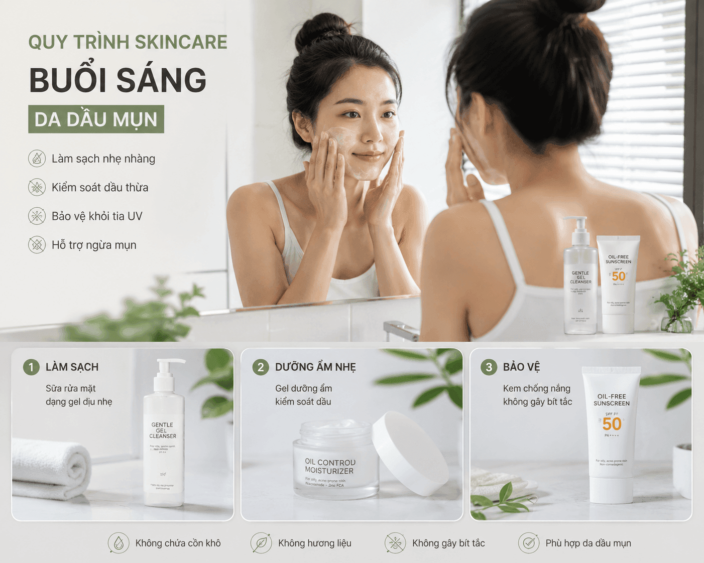 Quy trình skincare buổi sáng cho da dầu mụn với 7 bước đơn giản giúp làm sạch dịu nhẹ, kiểm soát dầu, giảm mụn và bảo vệ da hiệu quả với SPF 50+. Tìm hiểu ngay.