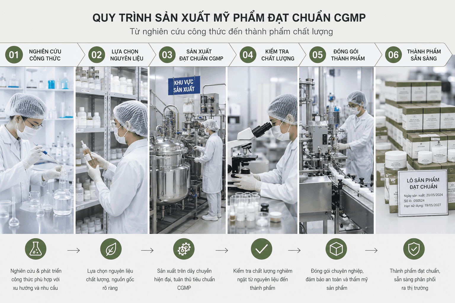 Timeline thực tế từ ý tưởng đến lô hàng mỹ phẩm đầu tiên thường 4-8 tháng. Tìm hiểu từng giai đoạn OEM/ODM CGMP và cách rút ngắn thời gian launch.