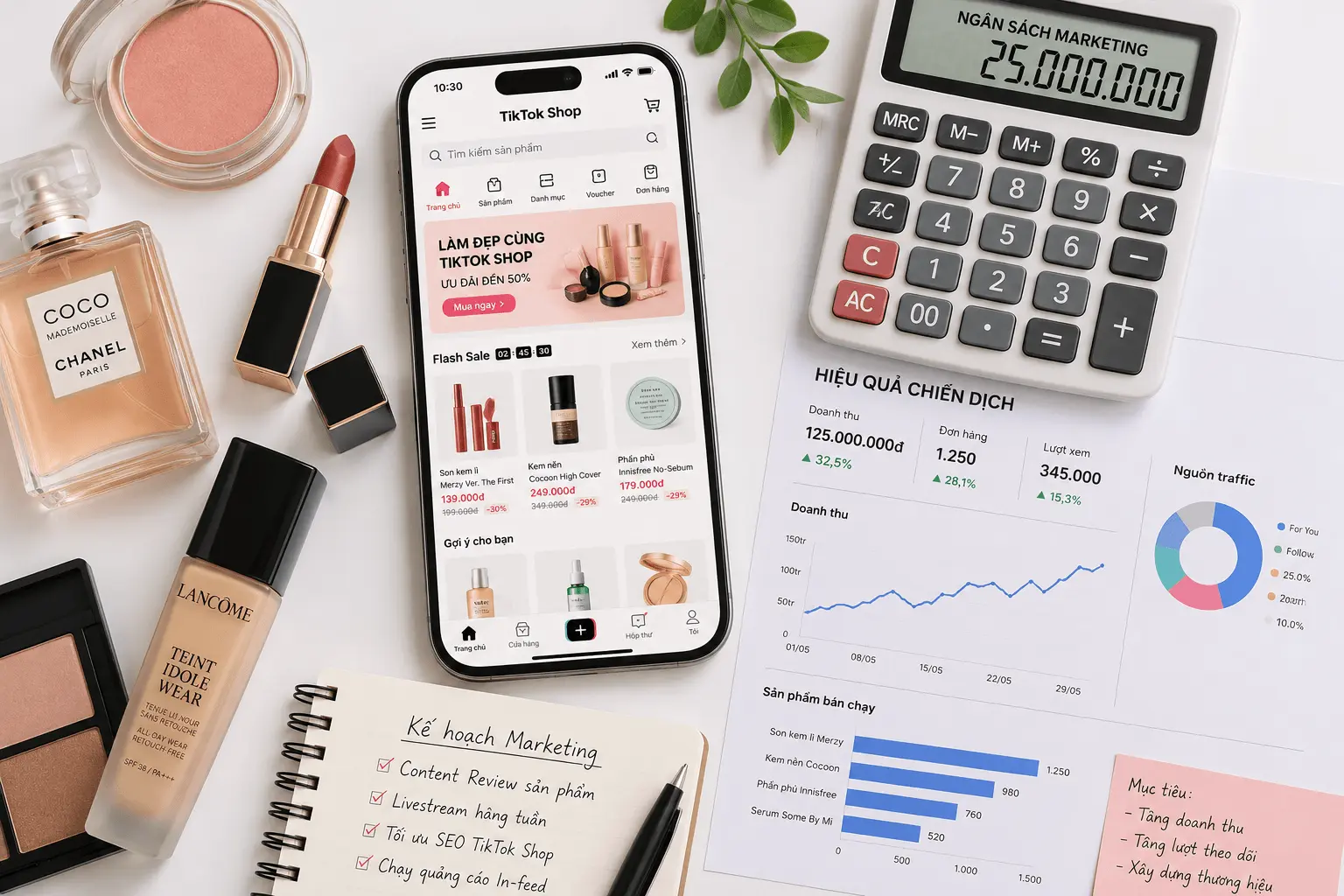 Hướng dẫn tối ưu chi phí quảng cáo mỹ phẩm TikTok Shop với ngân sách dưới 5 triệu/tháng. Chiến lược thực chiến giúp tăng ROAS, giảm CPA cho brand mới.