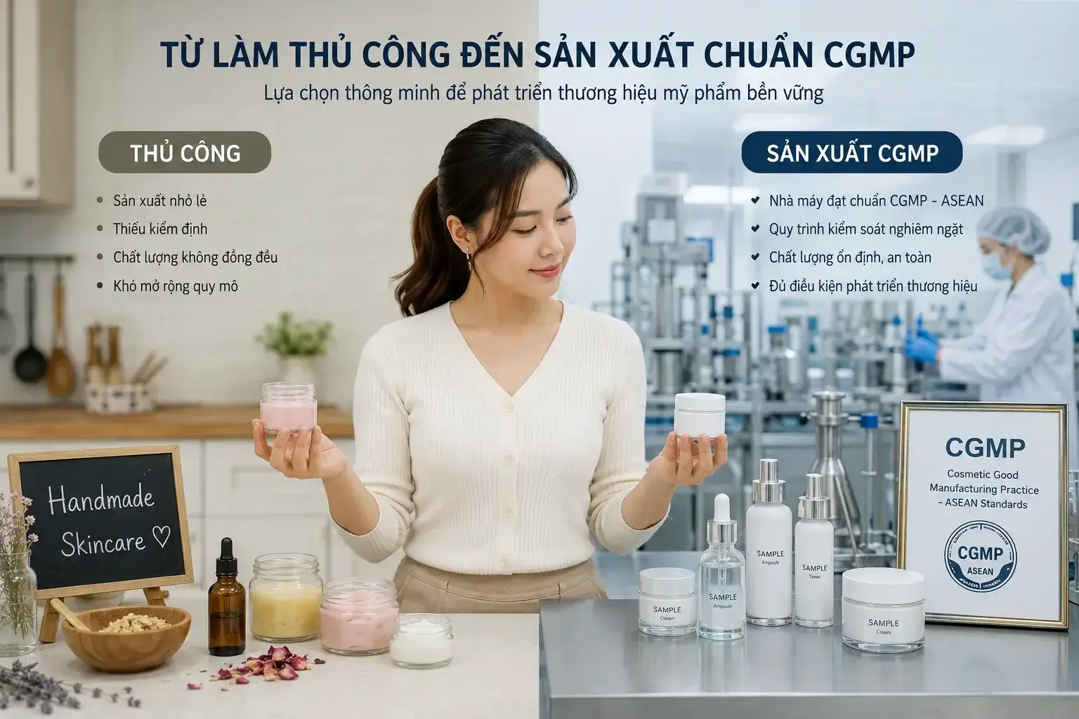So sánh tự làm mỹ phẩm bán vs nhờ nhà máy gia công: Khi nào nên chuyển? Phân tích ưu nhược điểm, chi phí, quy trình để scale thương hiệu mỹ phẩm hiệu quả.