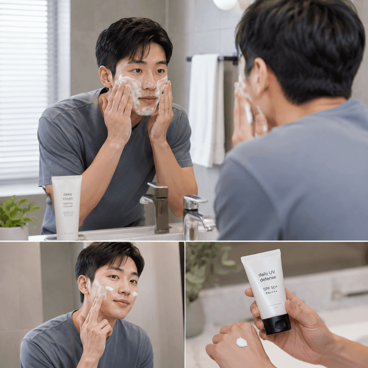 Hướng dẫn routine chăm sóc da cho nam đơn giản 5 phút mỗi ngày với sữa rửa mặt, dưỡng ẩm và kem chống nắng giúp da sạch khỏe, giảm mụn và bóng dầu hiệu quả.