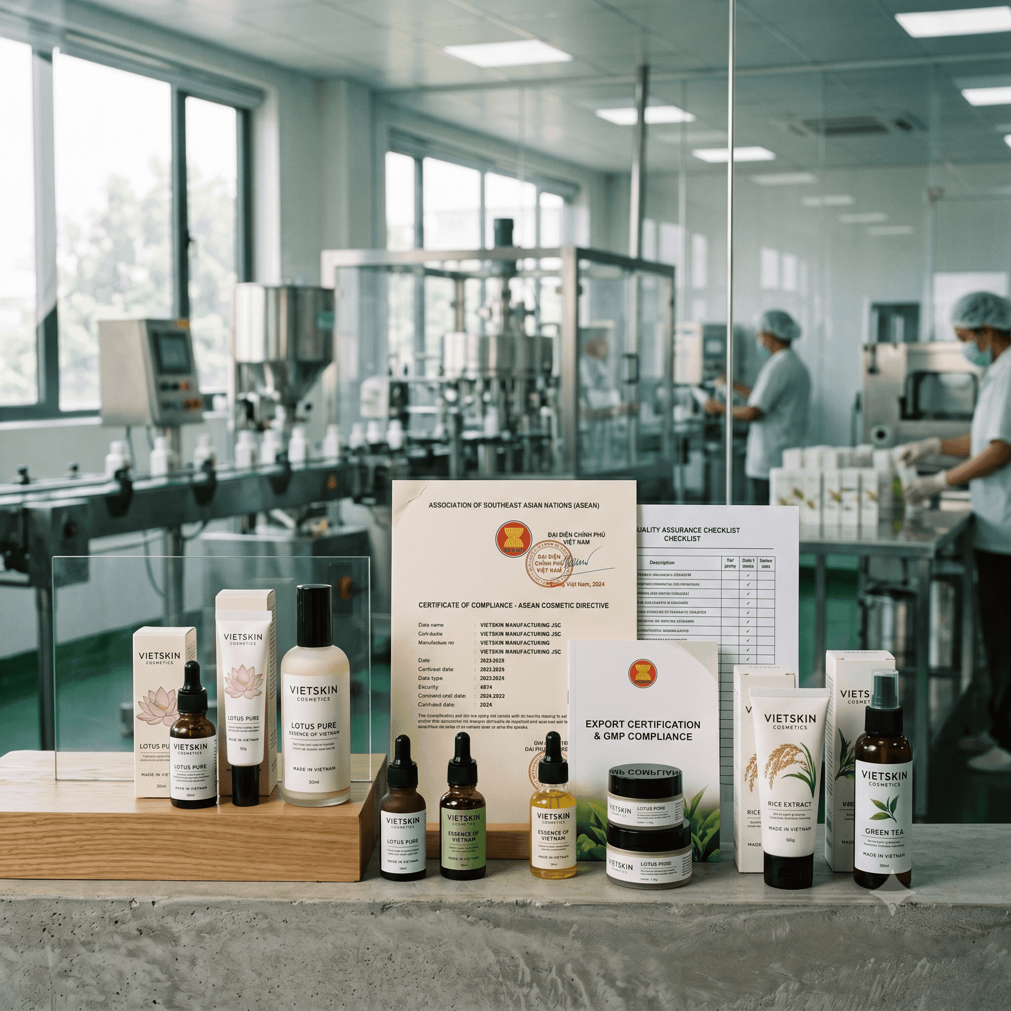 Mỹ phẩm Việt có thể xuất khẩu không? Phân tích tiêu chuẩn CGMP ASEAN, FDA, ISO 22716 và điều kiện pháp lý để xuất khẩu mỹ phẩm sang ASEAN, Mỹ, EU. Liên hệ nhà máy Seoul Cosmetic chuẩn CGMP.