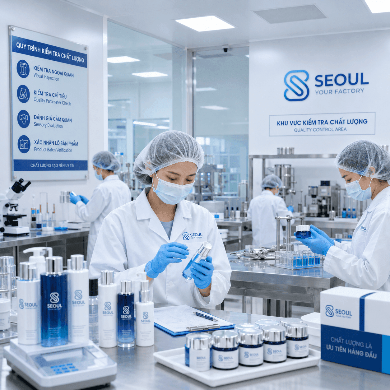 Seoul Cosmetic áp dụng quy trình kiểm soát chất lượng 8 bước theo chuẩn CGMP và ISO 22716. Tìm hiểu cách chúng tôi đảm bảo mỹ phẩm OEM/ODM an toàn, ổn định và đồng nhất.