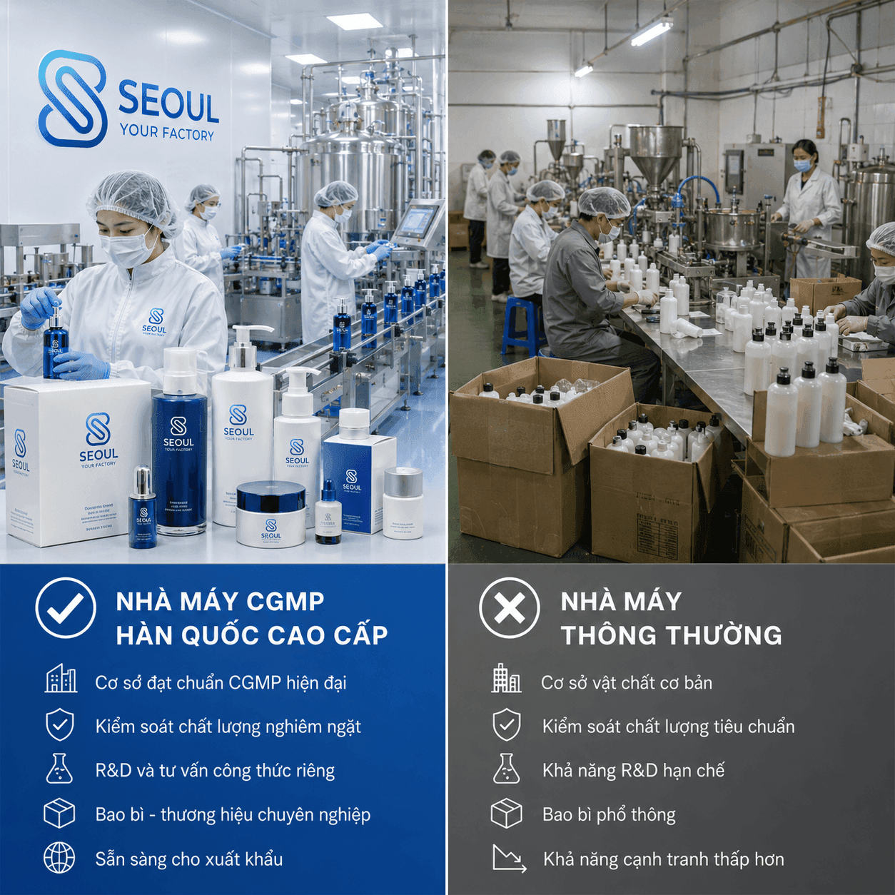 So sánh Seoul Cosmetic vs nhà máy khác về CGMP, R&D và dịch vụ OEM/ODM Hàn Quốc. Hiểu rõ điểm khác biệt để chọn đúng nhà máy cho thương hiệu mỹ phẩm.