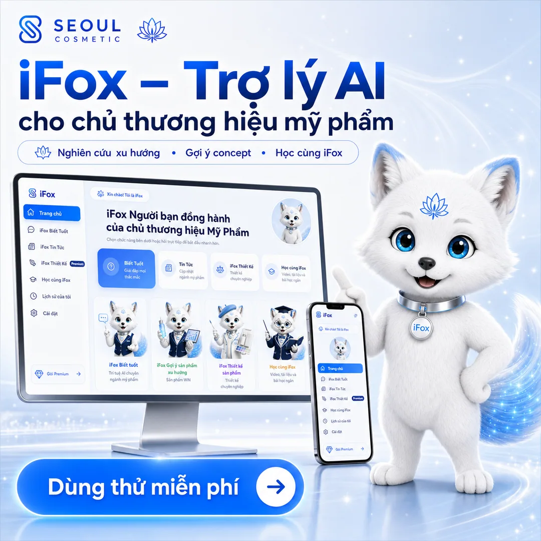 Trang bìa brochure iFox với linh vật cáo trắng bên màn hình máy tính và điện thoại chạy ứng dụng